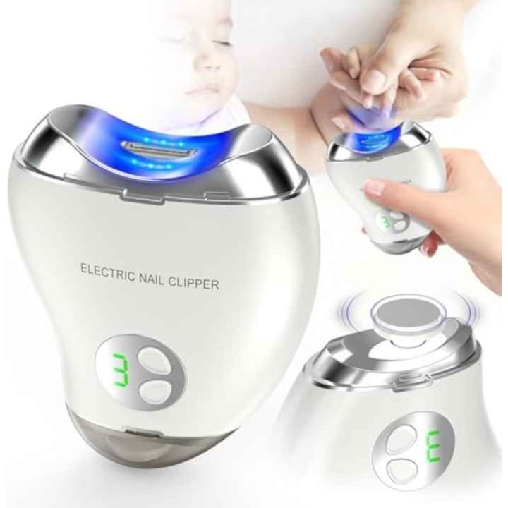 Unghiera Electrica USB Reincarcabila 2in1 pentru Bebe, Copii si Seniori – Alb, 3 Viteze Ajustabile, Ecran LCD, LED, Trimmer si Pila Automata, Silentioasa si Sigura cu Depozitare Clasica a Unghiilor