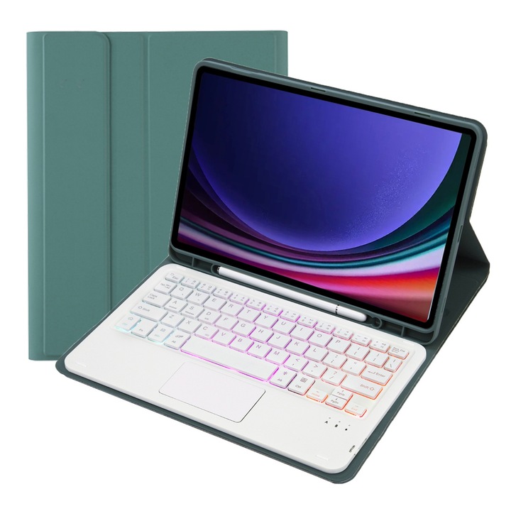 Husa cu tastatura Bluetooth 3.0 pentru Samsung Galaxy Tab S10 Lite / S10 FE / S9 FE, cu touchpad, piele PU, iluminare, Verde inchis