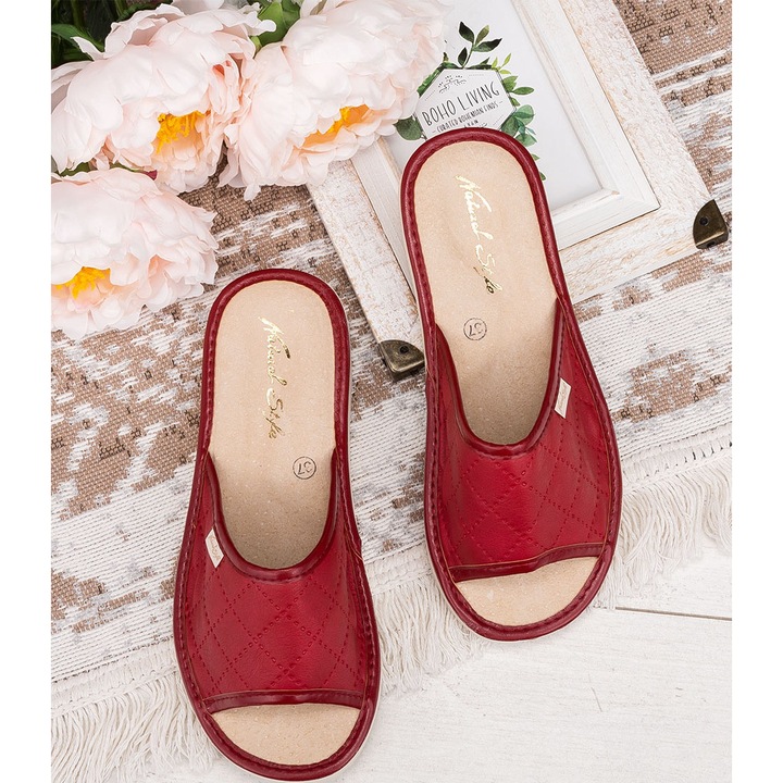 Papuci Natural Style NS-112, piele, Rosu/Bej, 40
