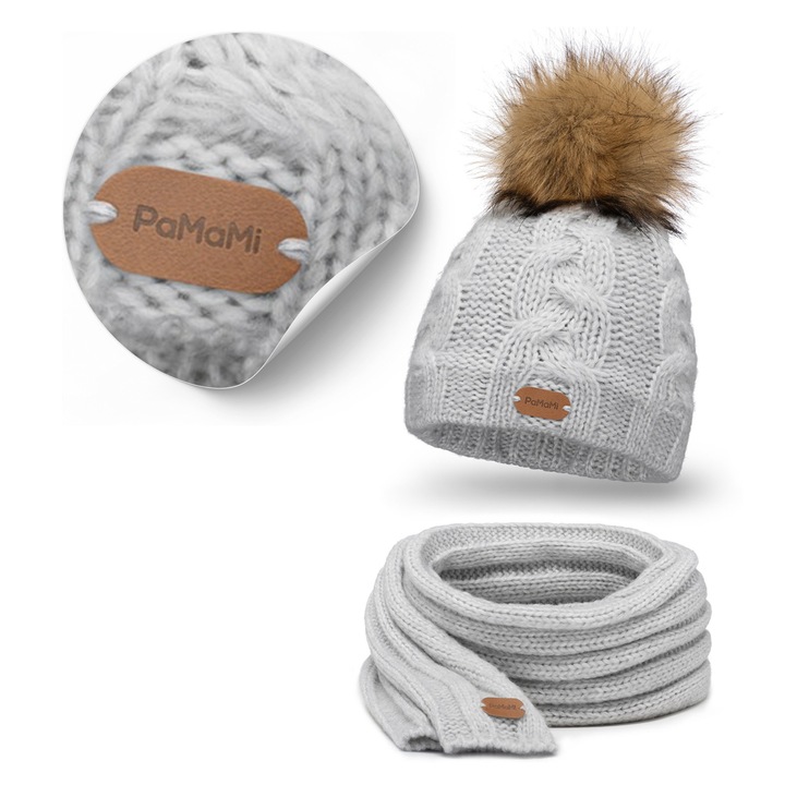 Női téli szett, pamami, pomponos sapka és hosszú sál, szürke, 51% merinógyapjú, 49% pamut, polár bélés, hőszigetelés, szőrme pompon, fejkerület 55-58 cm, sapka mérete 22 cm széles, 23 cm magas