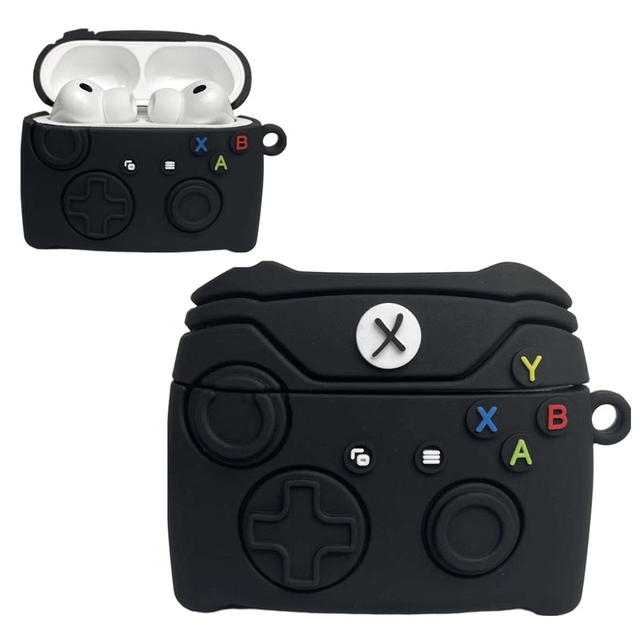 Husa protectie casti gamepad, Silicon 3D, Pentru Apple AirPods Pro 3, Negru Alb
