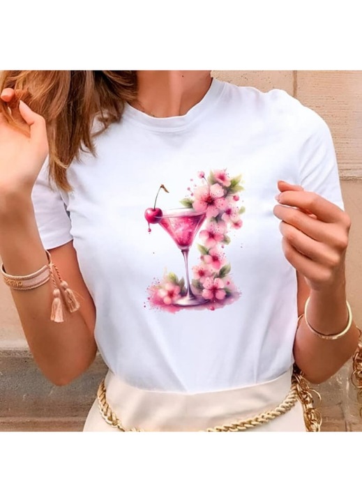 Дамска тениска, памук, коктейл от черешов цвят, Бял