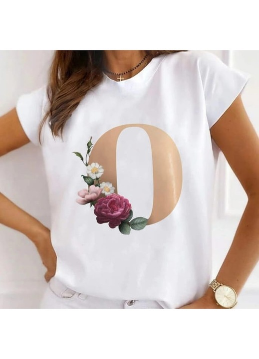 Дамска тениска, памук, буква О, бяла