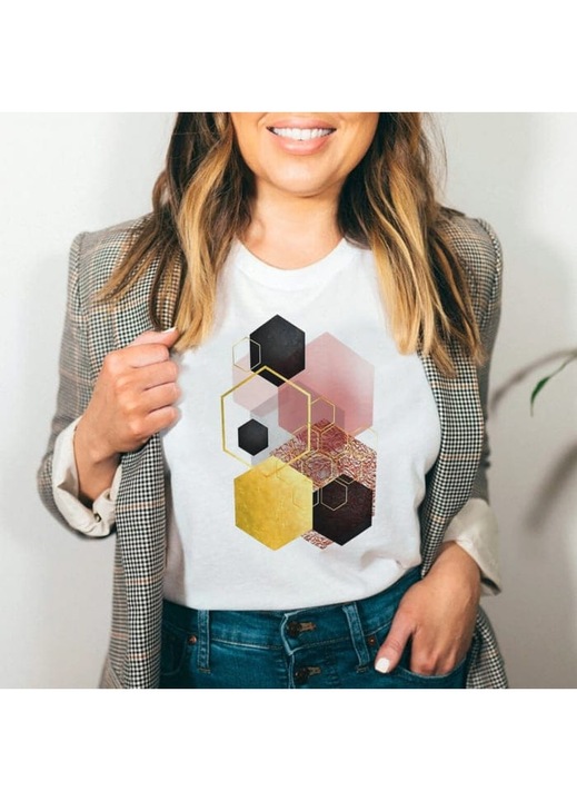 Дамска тениска, памук, метални форми, Бял