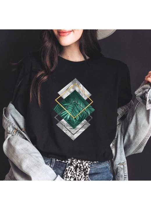 Дамска тениска, абстрактен дизайн "Диамант", черна, Бял