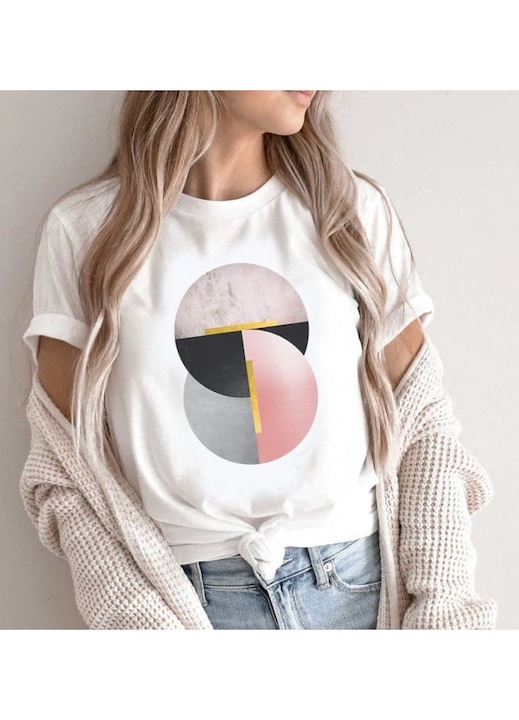 Дамска тениска, памук, кръгли форми, Бял