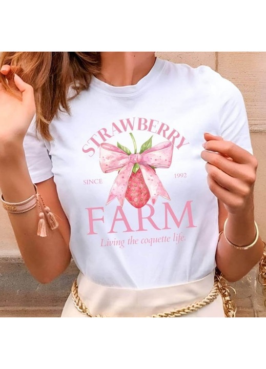 Тениска за жени, памучна, Strawberry Farm, Бял