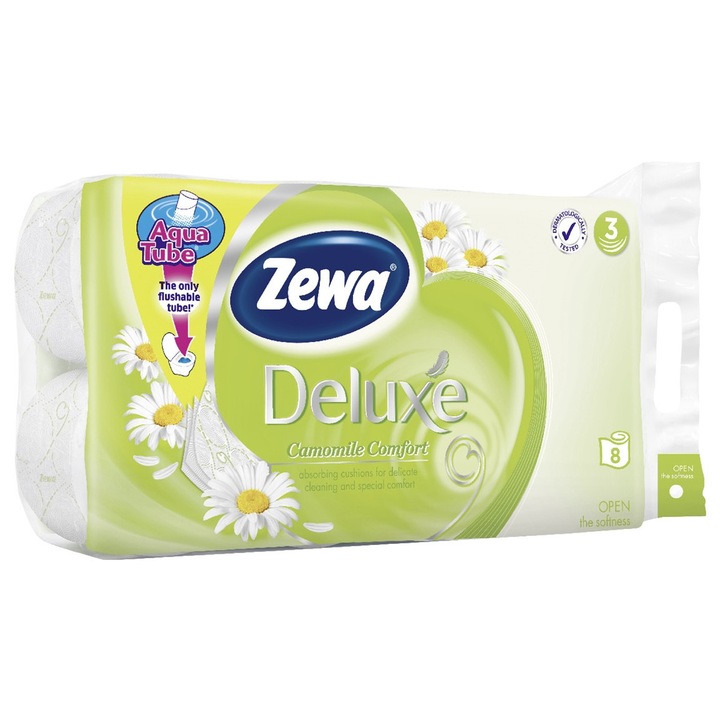 Тоалетна хартия Zewa Deluxe Camomile Comfort, 3 пласта, 8 ролки