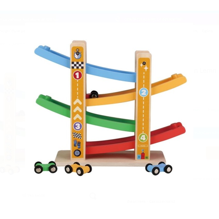 Pistă de curse din lemn cu 4 mașini colorate, interactivă, pentru copii, LUNIX, 30x45cm