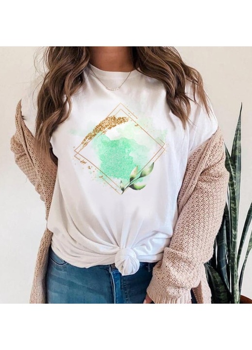 Тениска Дамска, Памук, Абстрактен Зелен Квадрат, Бял