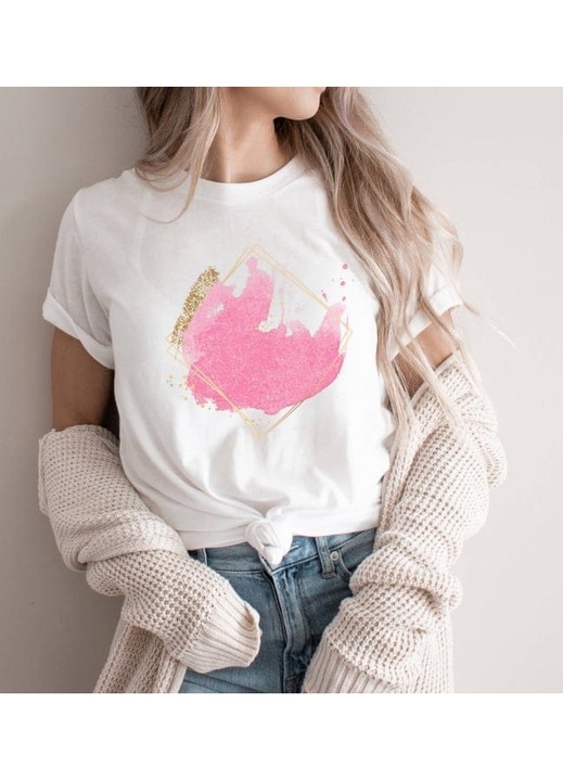 Дамска тениска, памук, абстрактен диамант, Бял