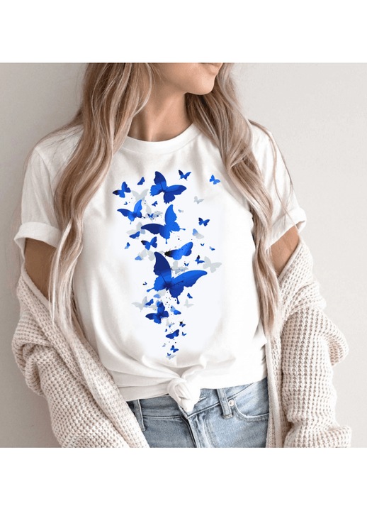 Дамска тениска, Памук, Blue butterfly, Бяла