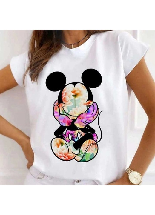 Női póló, pamut, virágos Mickey, Fehér