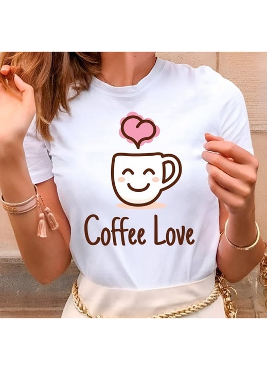 Дамска тениска, памук, Coffee Love, Бял