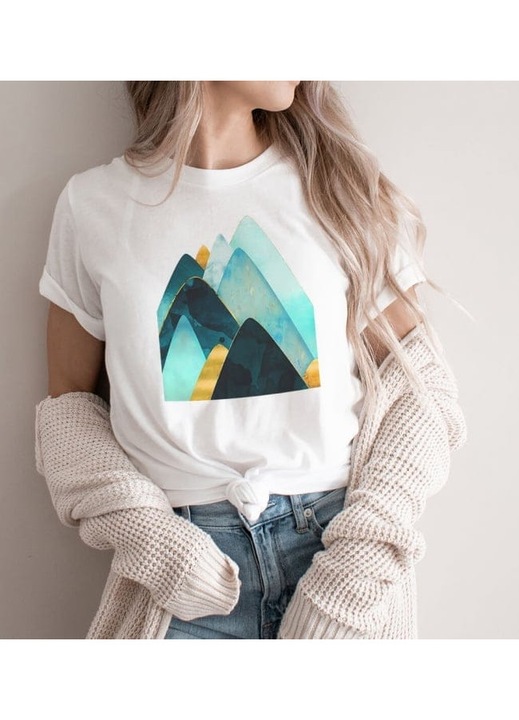 Дамска тениска, памук, абстрактни върхове, Бял