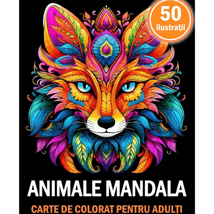 Carte de colorat cu orice tip de vopsea, 50 de ilustratii, Animale Mandala, 106 pagini