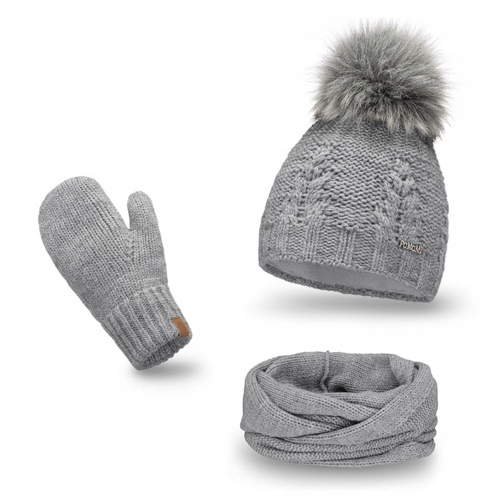 Női téli szett, pamami, univerzális méret, 55-58 cm, polár béléses sapka, dupla nyakmelegítő, puha kesztyű, öko-szőrme pompon, világosszürke, a szett tartalmazza a sapkát, nyakmelegítőt és kesztyűt, anyaga 15% poliamid, 85%