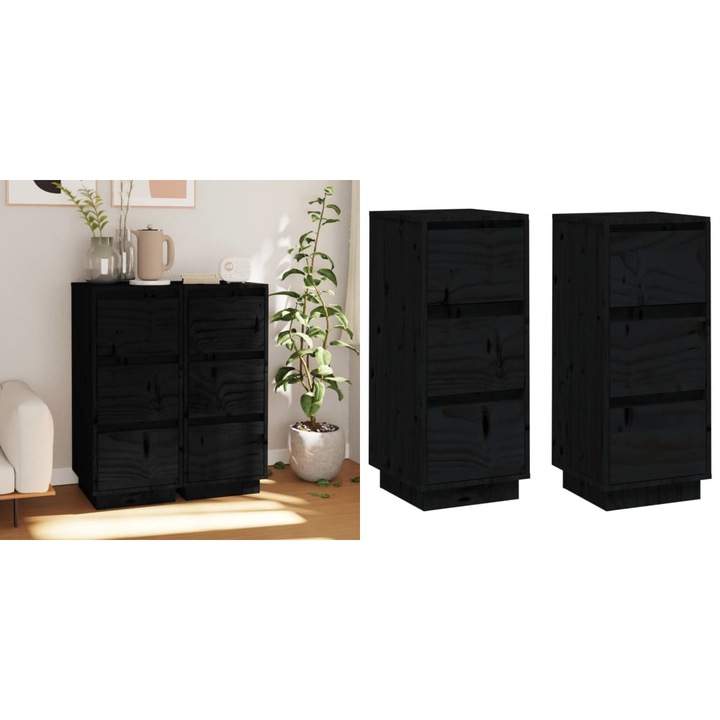 Servante, 2 buc., negru, 32x34x75 cm, lemn masiv de pin