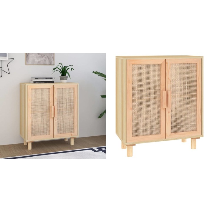 Servanta, maro, 60x30x70 cm, lemn masiv pin si ratan natural