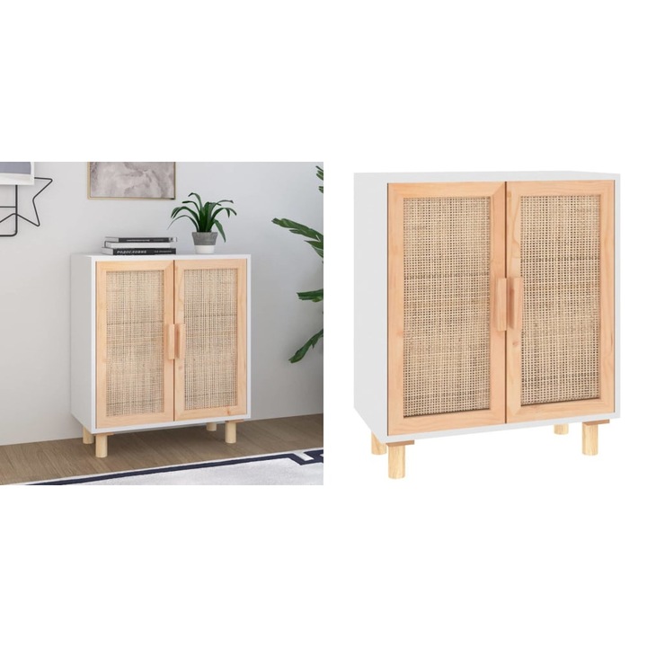 Servanta, alb, 60x30x70 cm, lemn masiv pin si ratan natural