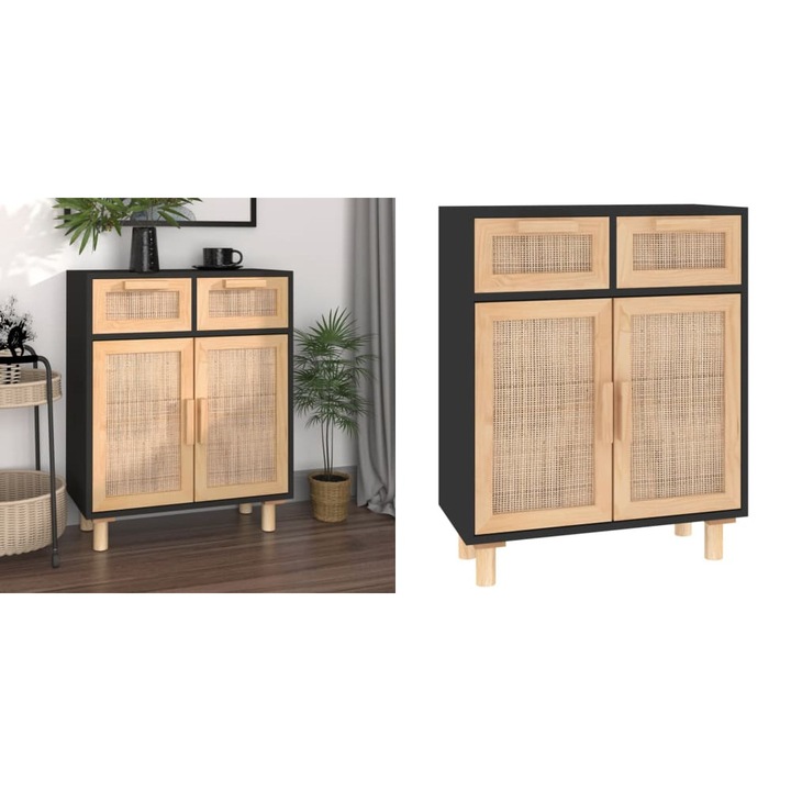 Servanta, negru, 60x30x75 cm, lemn masiv pin si ratan natural