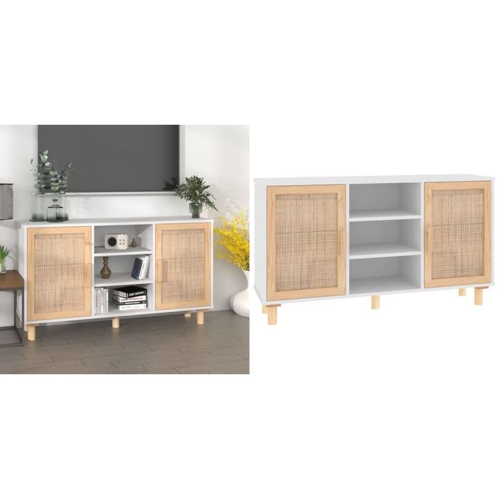 Servanta, alb, 105x30x60 cm, lemn masiv pin si ratan natural