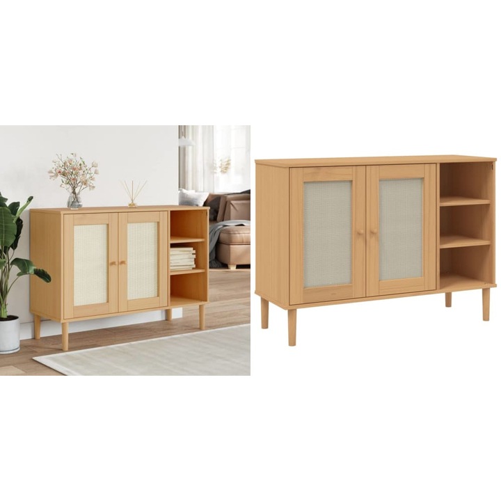 Servanta SENJA, aspect ratan maro, 112x40x80 cm, lemn masiv pin