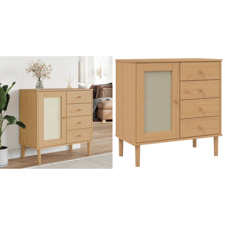 Servanta SENJA, aspect ratan maro, 80x40x80 cm, lemn masiv pin