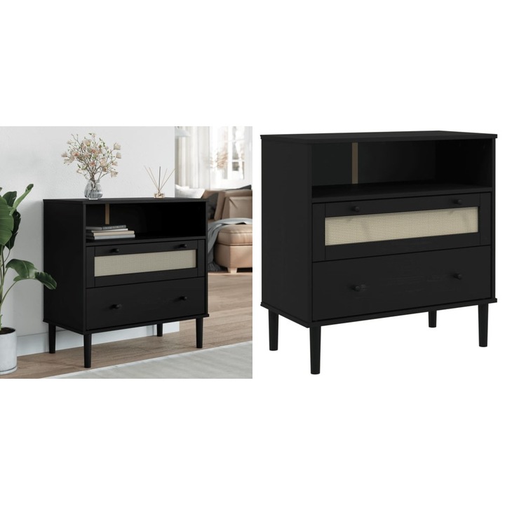 Servanta SENJA, aspect ratan negru, 80x40x80 cm, lemn masiv pin