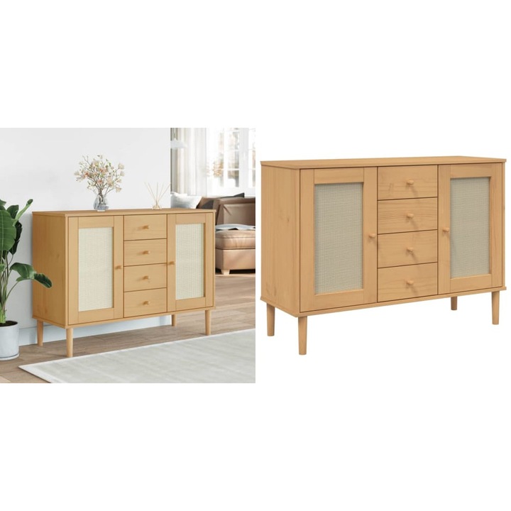 Servanta SENJA, aspect ratan maro, 112x40x80 cm, lemn masiv pin