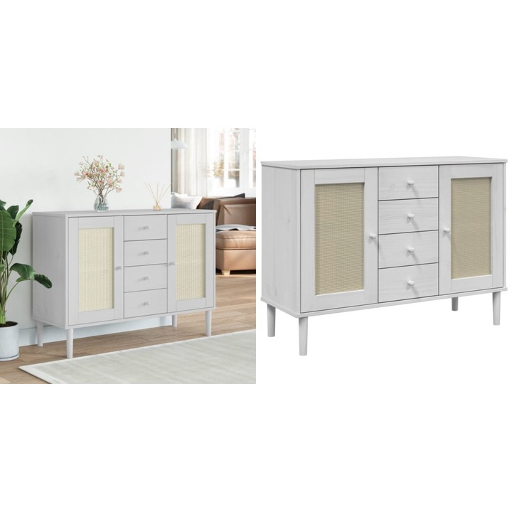 Servanta SENJA, aspect ratan alb, 112x40x80 cm, lemn masiv pin