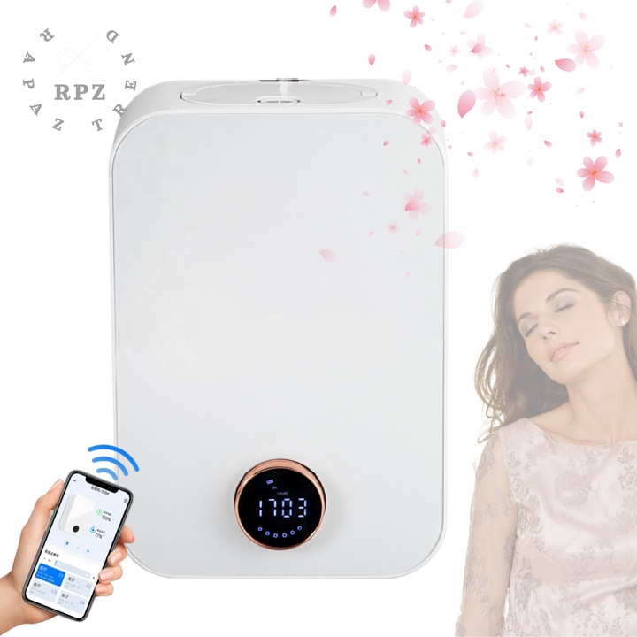 Aparat(difuzor)aromaterapie automat, control buton rotativ si control prin aplicatie, Bluethoot, Wireless, pentru uleiuri esentiale, silentios, programabil, pentru aromatizare birou, hotel, salon, locuinta, sala de sport, alb, etc