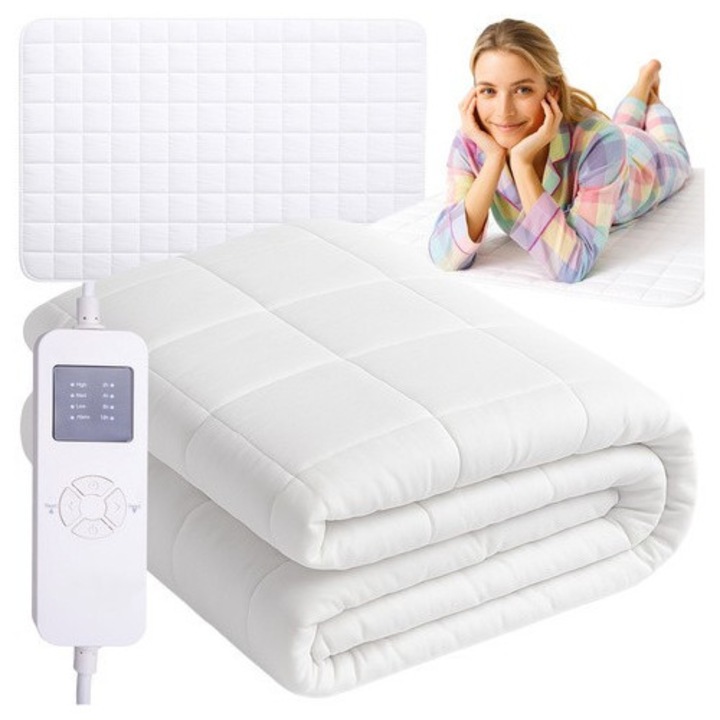 Topper saltea cu incalzire electrica, Zola, 190 x 80 cm, 70 W, 4 niveluri incalzire, temporizator 2/4/8/12 h, telecomanda, poliester, alb