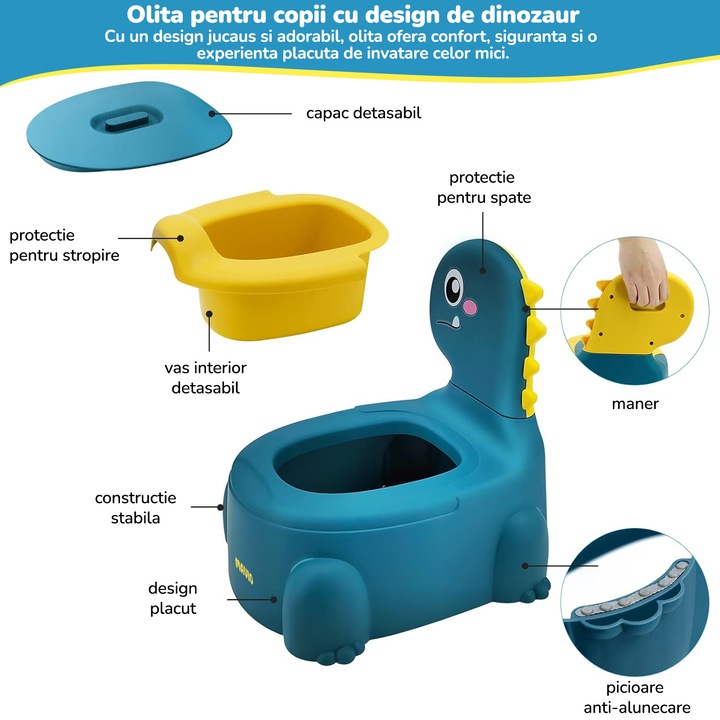 Olita pentru Copii Mavio®, Model Dinozaur, Colac Moale, Design Ergonomic, Non-Toxic, Varsta 1-6 Ani, Compartiment Detasabil, Maner Transport, Usor de Curatat, Picioare Anti-derapante, Albastru