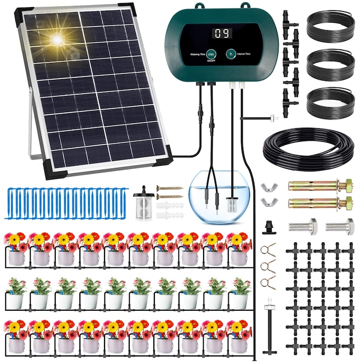 Sistem de irigare solar GUHAOOL, set automat pentru 30 plante, furtun 35m, pentru grădină și plante în ghiveci