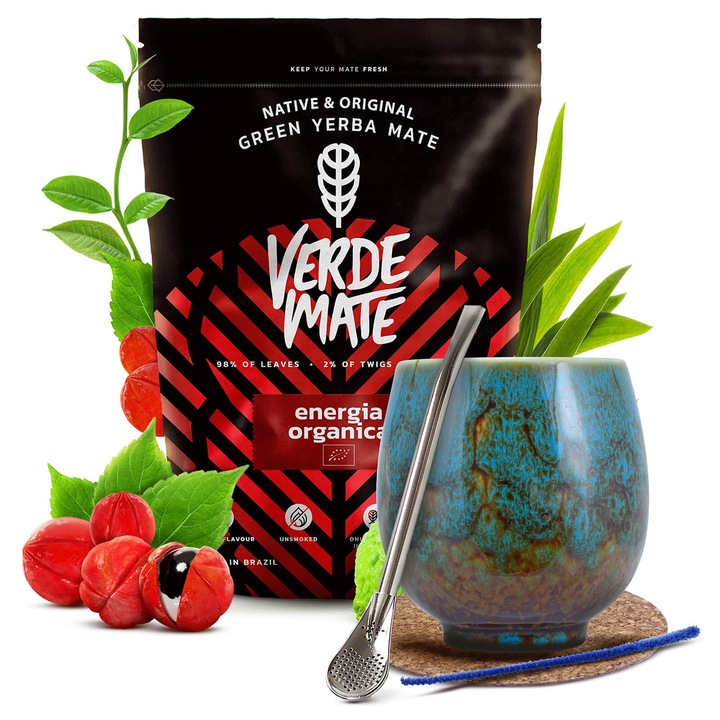 Комплект за Йерба Мате чай Био, Verde Mate Organica Energia Guarana, Сушен на въздух, Без дим, Нежен вкус, 400g, Чаша 220 ml, Бомбиля