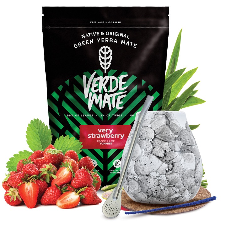 Ceai Yerba Mate Set, Verde Mate Very Strawberry, Uscat la Aer, Fara Fum, Usor, 500g, Cana Alb 300 ml, Bombilla