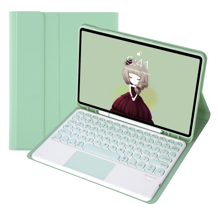 Bluetooth 3.0 billentyűzetes tok Samsung Galaxy Tab S10 Lite / S10 FE / S9 FE / S9 készülékhez, érintőpaddal, világoszöld színben
