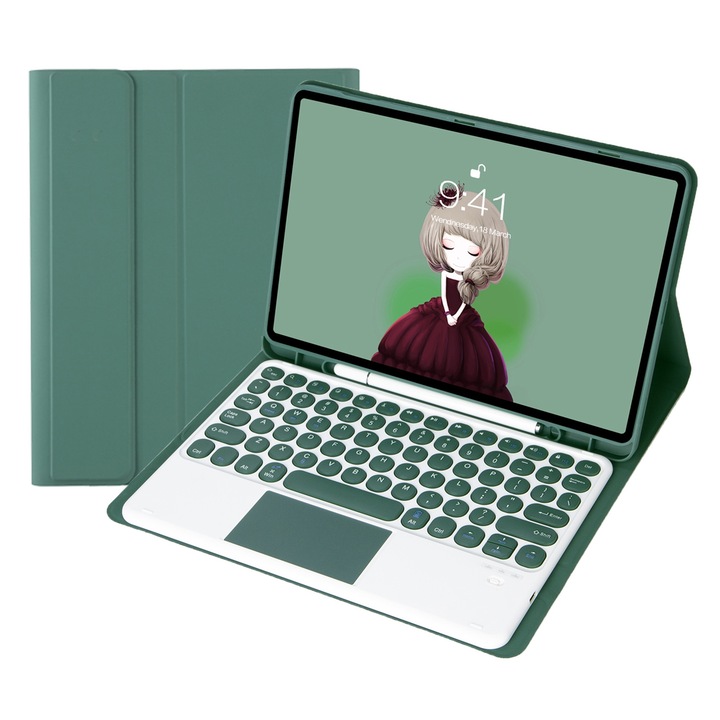 Husa cu tastatura Bluetooth 3.0 pentru Samsung Galaxy Tab S10 Lite / S10 FE / S9 FE / S9, cu touchpad, piele PU, culoare verde inchis