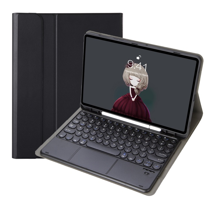 Husa cu tastatura Bluetooth 3.0 pentru Samsung Galaxy Tab S10 Lite / S10 FE / S9 FE / S9, cu touchpad, piele PU, Negru