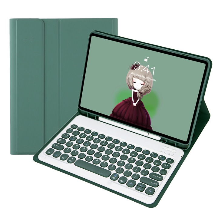 Husa cu tastatura Bluetooth 3.0 pentru Samsung Galaxy Tab S10 Lite / S10 FE / S9 FE / S9, cu slot stylus, piele PU, culoare verde inchis