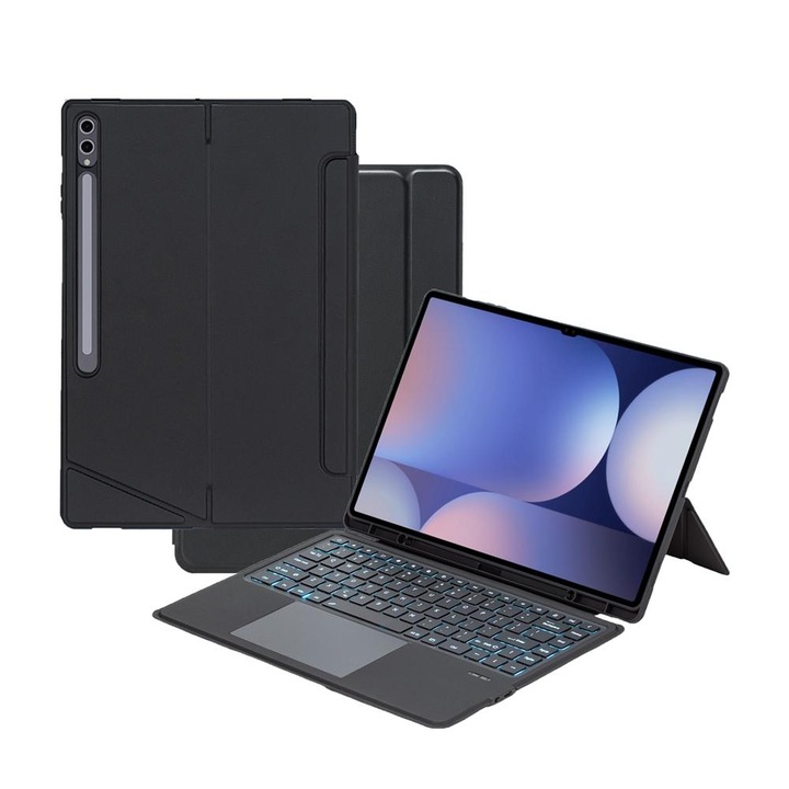 Husa cu tastatura Bluetooth 3.0 pentru Samsung Galaxy Tab S10 Ultra / S9 Ultra cu touchpad, cu suport, iluminare, piele PU, Negru