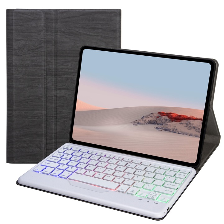 Husa cu tastatura Bluetooth 3.7 pentru Microsoft Surface Go 4 / 3 / 2 / 1, cu suport, tastatura detasabila, iluminare tricolor, piele PU, Negru + Alb