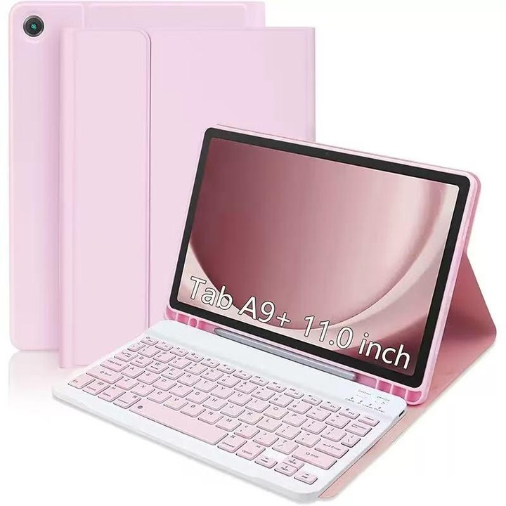 Husa cu tastatura Bluetooth pentru Samsung Galaxy Tab A9+, cu suport, piele PU, interior silicon, roz