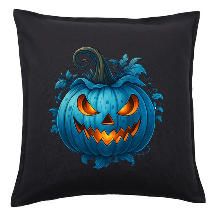 Fata de perna dovleac albastru Halloween – negru 50x50 cm, grafica artistica, + perna interioara