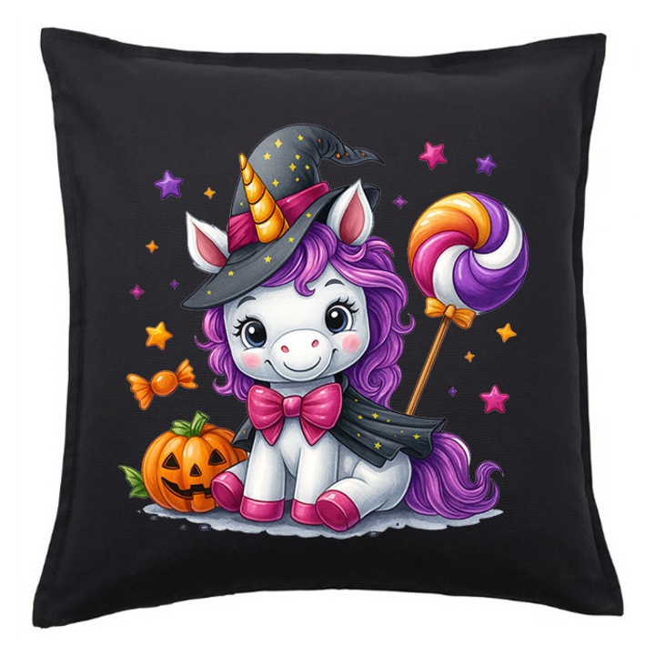 Fata de perna Halloween unicorn vrajitoare – negru 50x50 cm, imprimeu colorat, 1x fata de perna x umplutura