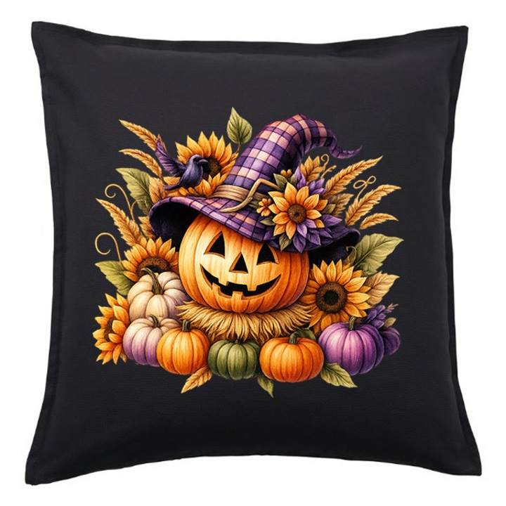 Fata de perna Halloween dovleac cu palarie si flori – negru 50x50 cm, 1x fata de perna x umplutura