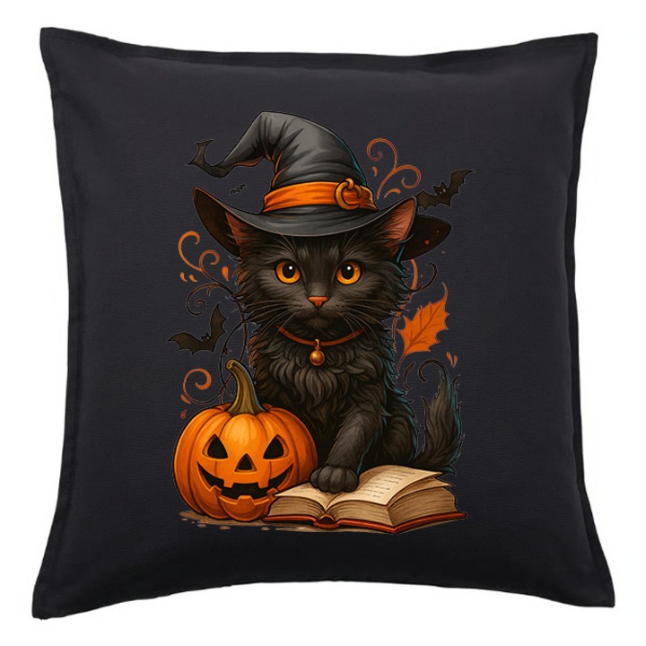 Fata de perna Halloween pisica neagra cu dovleac – negru 50x50 cm, 1x fata de perna x umplutura