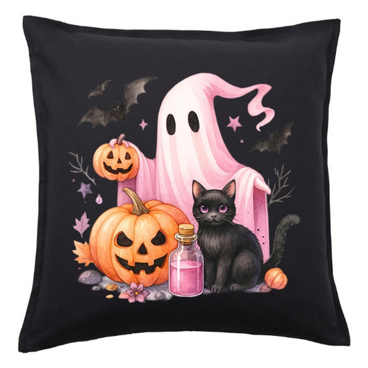 Fata de perna Halloween fantoma roz si pisica – negru 50x50 cm, 1x fata de perna x umplutura