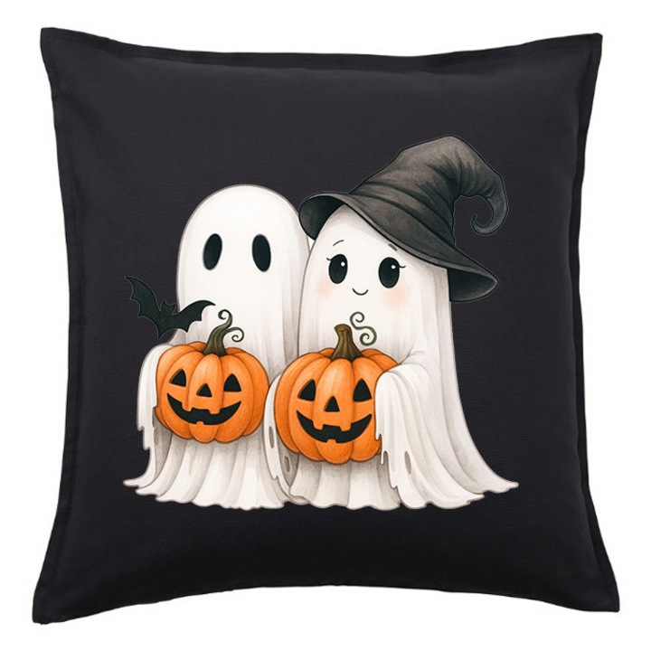 Fata de perna Halloween cu doua fantome – negru 50x50 cm, 1x fata de perna x umplutura